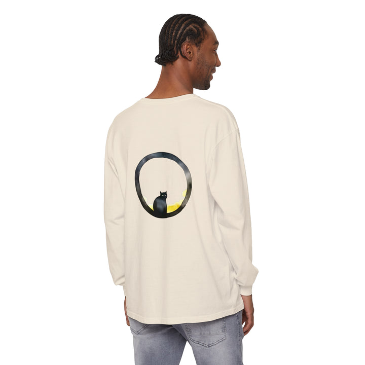 Black Cat Moon Glow Long Sleeve T-Shirt, featuring a majestic feline under a glowing moon, perfect for spooky nights out