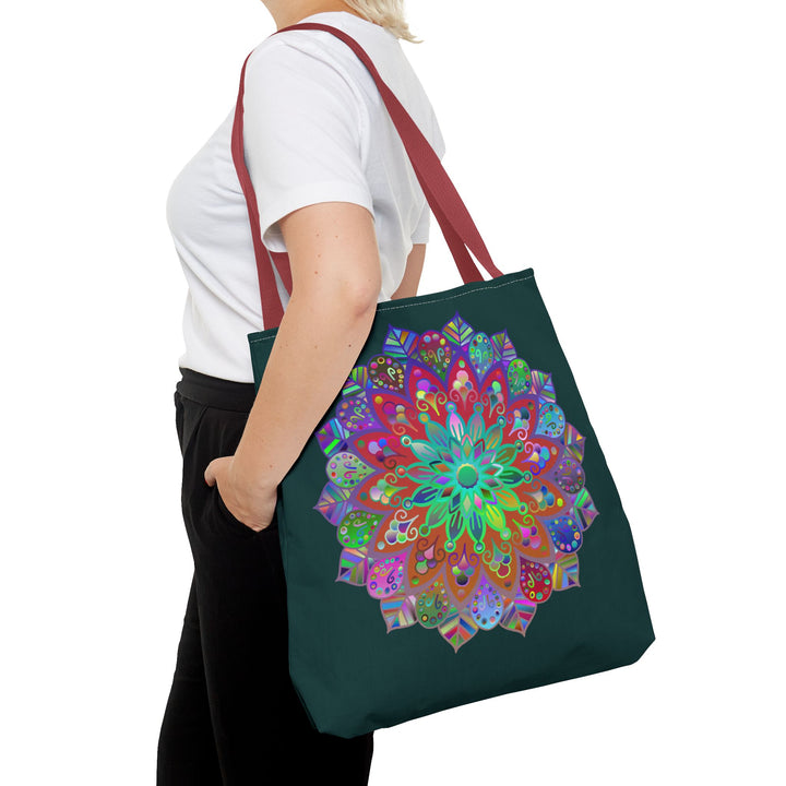 Dark green tote bag with intricate and vibrant mandala design