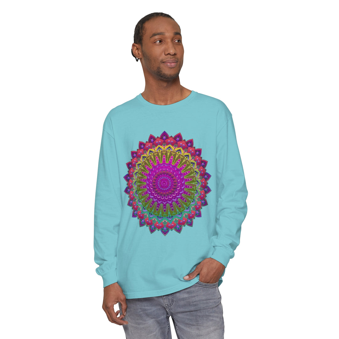 Person Feeling Relaxed and Free-spirited in Vibrant Mandala Unisex Long Sleeve T-Shirt