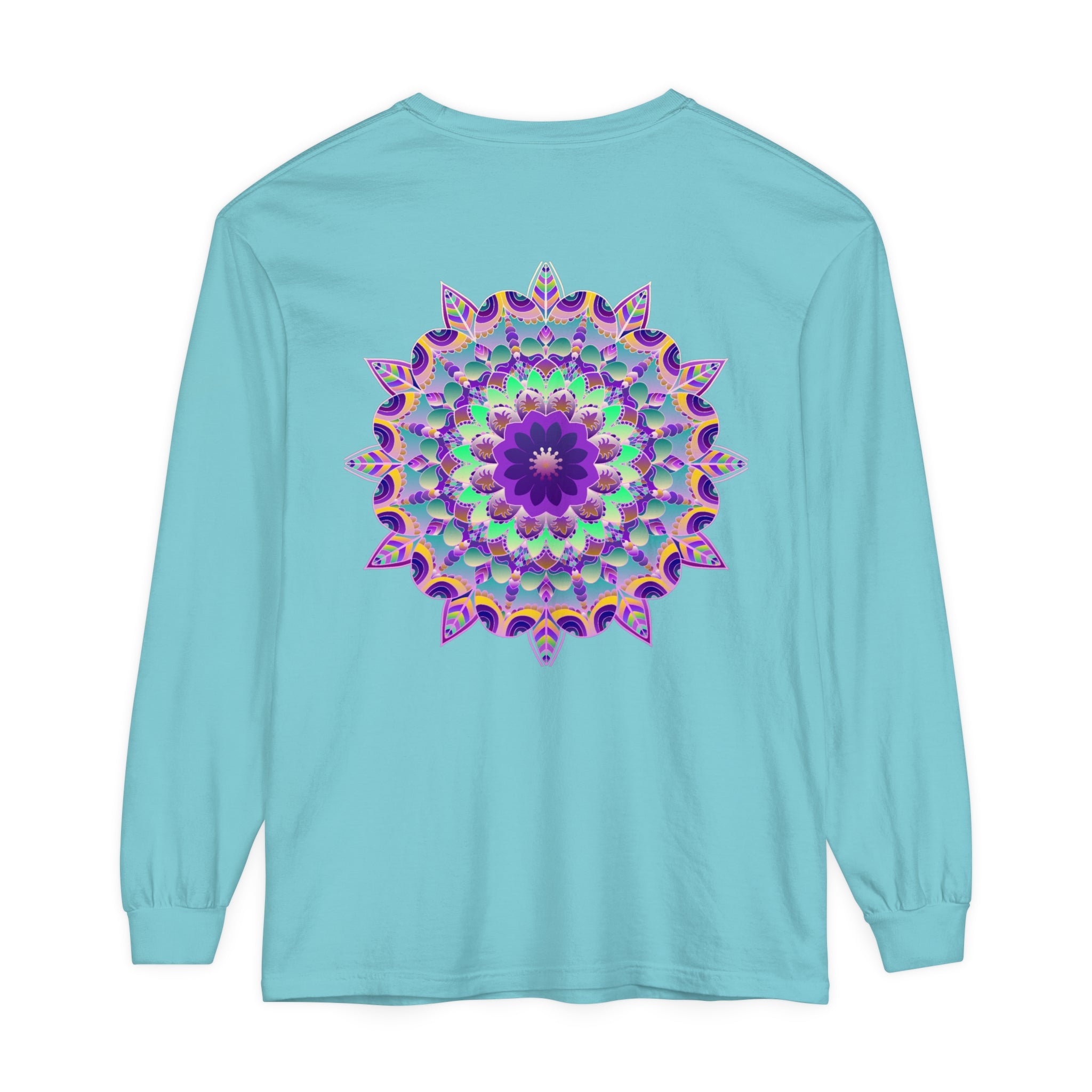 Colorful and intricate psychedelic mandala design on long sleeve t-shirt