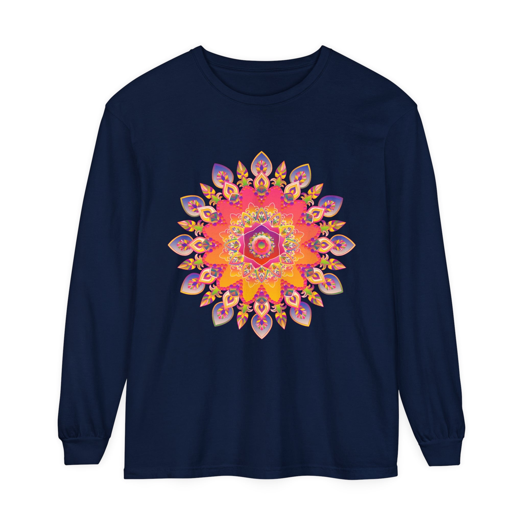 Colorful and intricate mandala design on a unisex long sleeve t-shirt