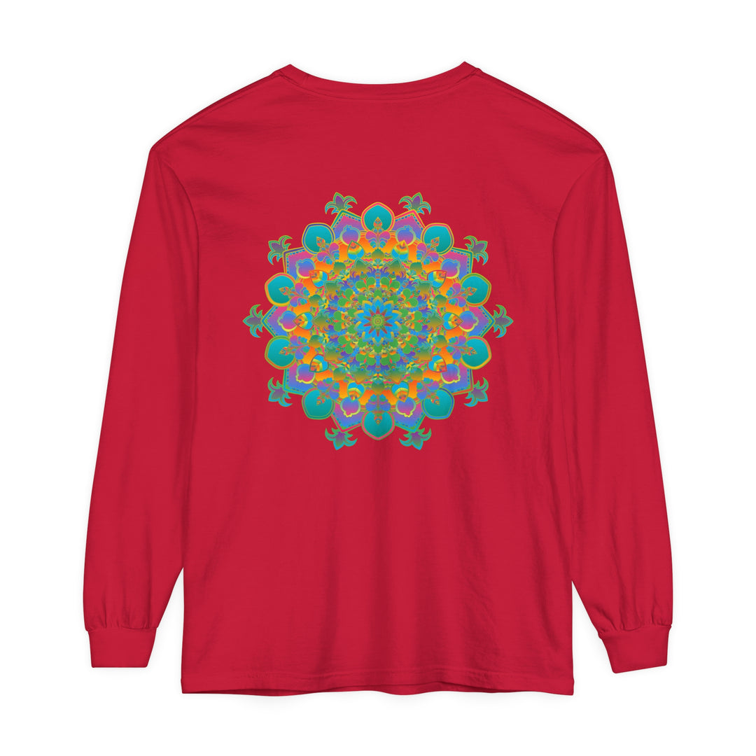 Colorful and detailed mandala design on a unisex long sleeve t-shirt