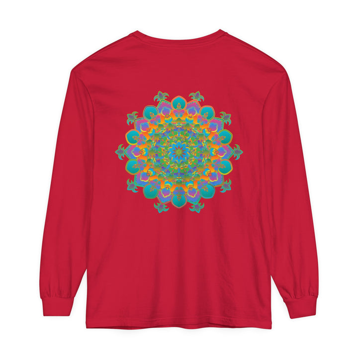 Colorful and detailed mandala design on a unisex long sleeve t-shirt