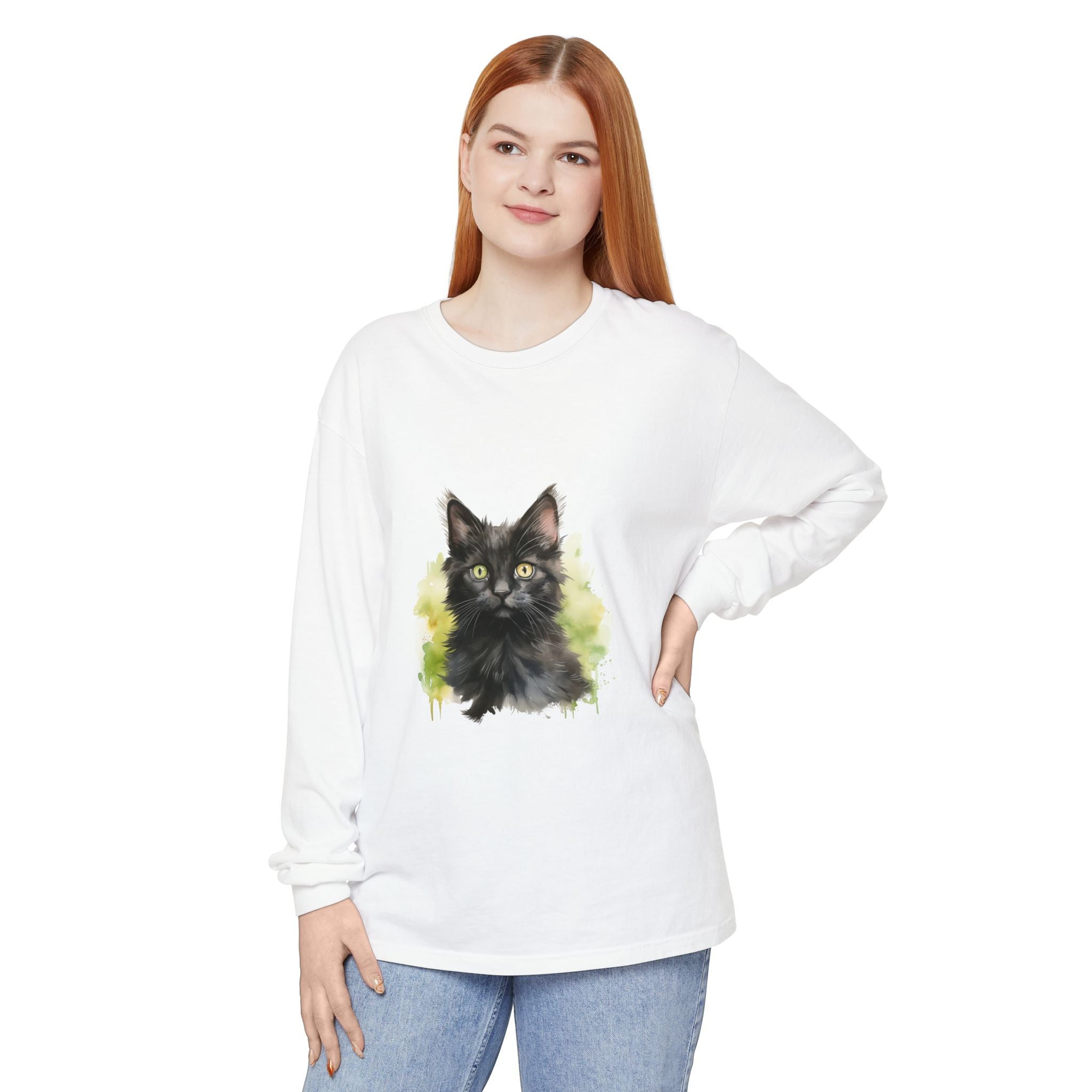 Maglietta a maniche lunghe con motivo acquerello gattino nero