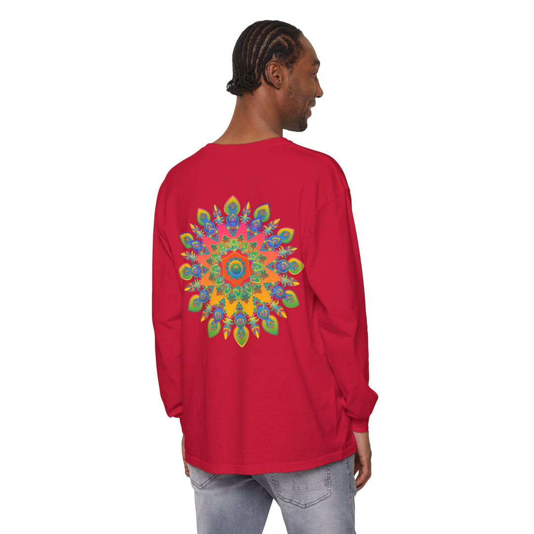 Colorful and intricate mandala design on a unisex long sleeve t-shirt