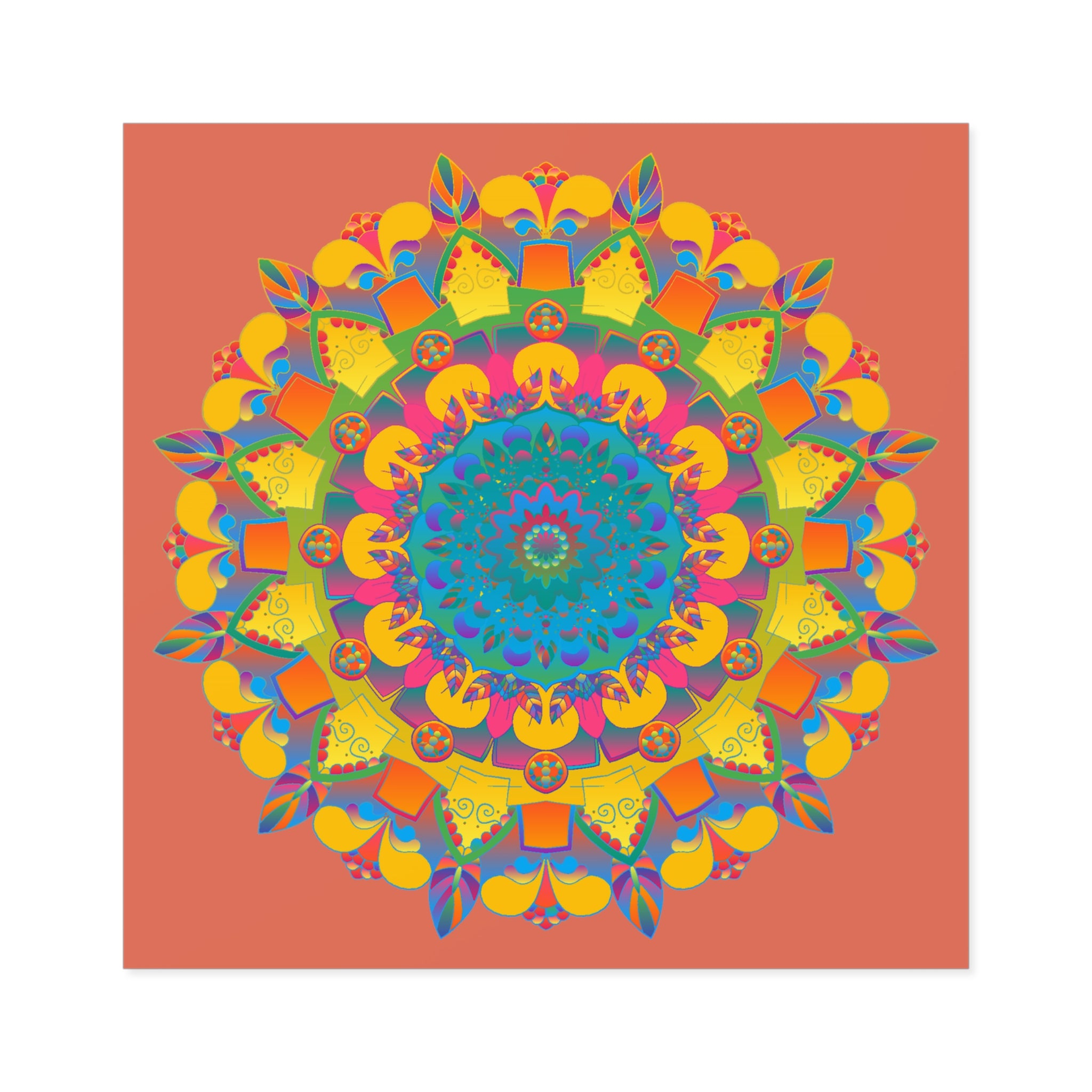 Handgezeichnete Mandala-Laminieraufkleber – Gold, Rot und Grün auf Terrakotta