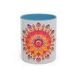 Colorful mandala art mug featuring vibrant colors on a grey background