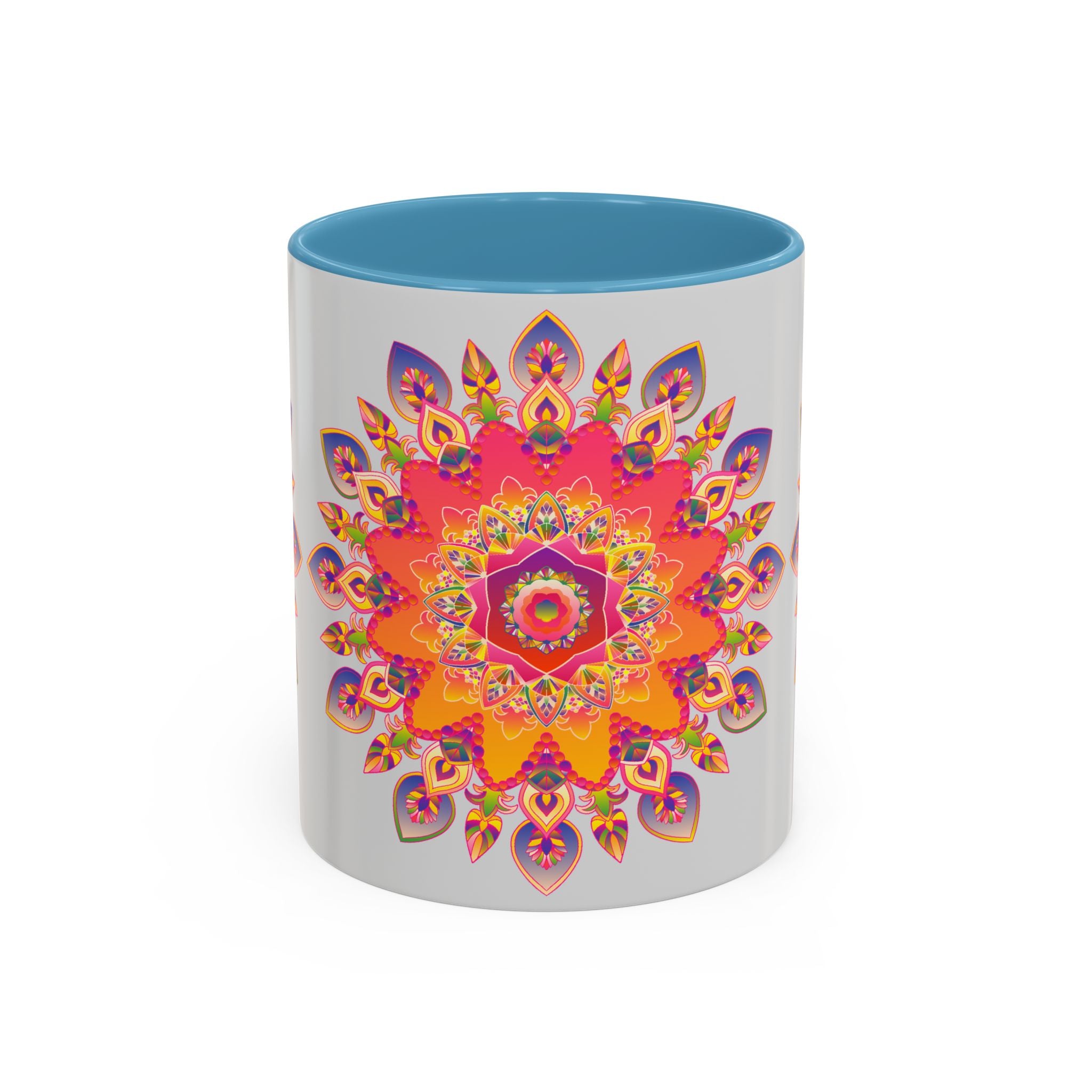 Colorful mandala art mug featuring vibrant colors on a grey background