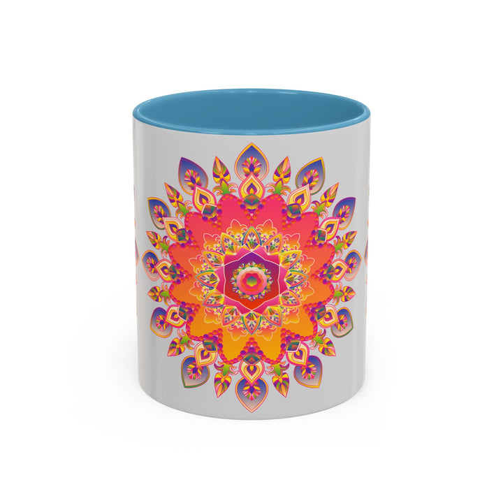 Colorful mandala art mug featuring vibrant colors on a grey background