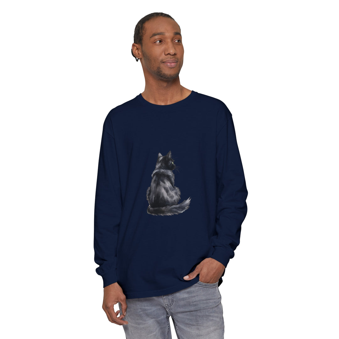 Black Cat Watercolor Long Sleeve T-Shirt featuring a vibrant and detailed watercolor design of a black cat against a black background