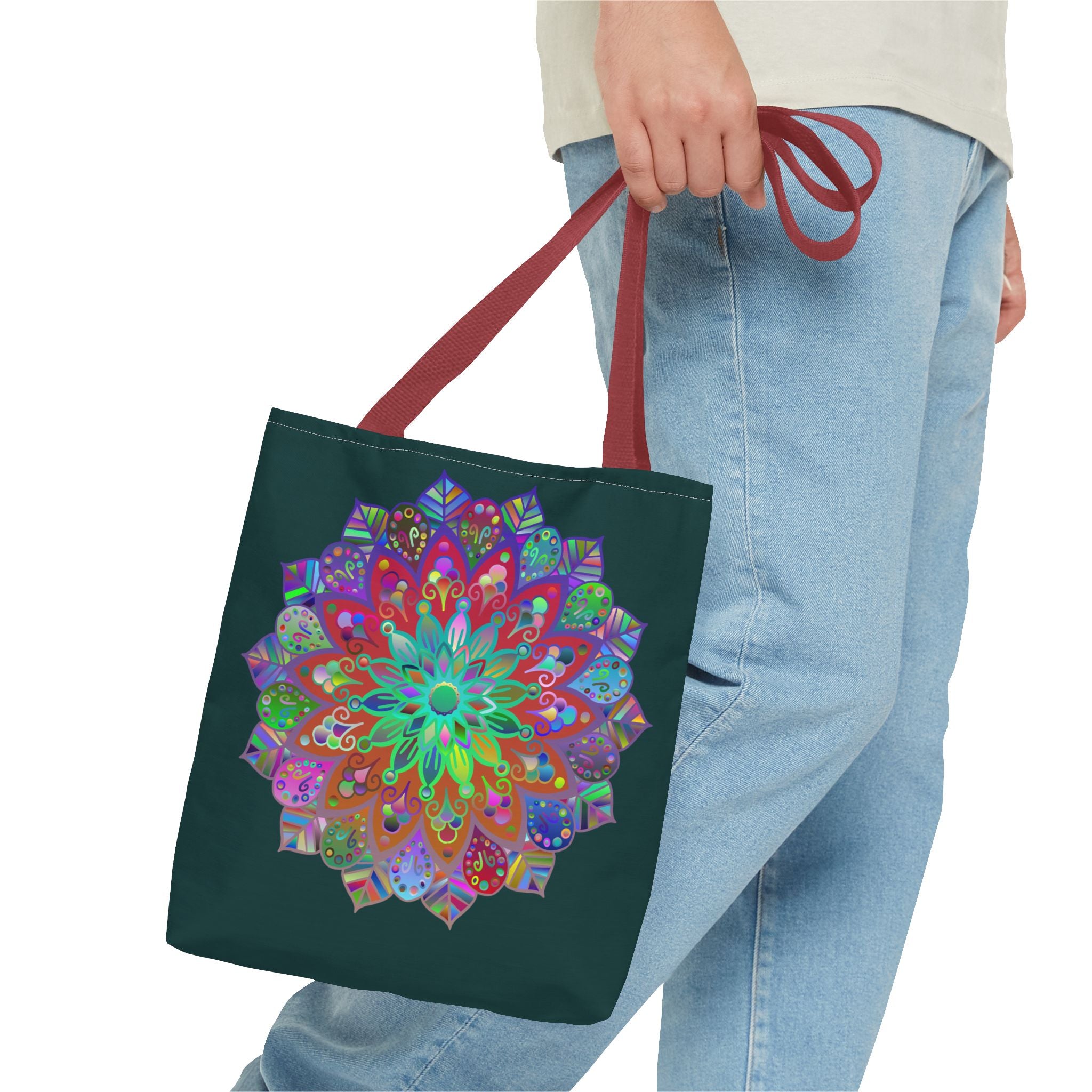 Dark green mandala tote bag with vibrant and intricate colorful design