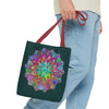 Dark green mandala tote bag with vibrant and intricate colorful design