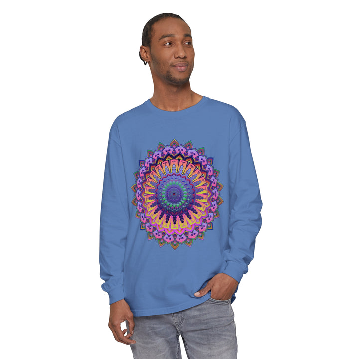 Colorful and detailed unisex long sleeve t-shirt featuring intricate mandala design