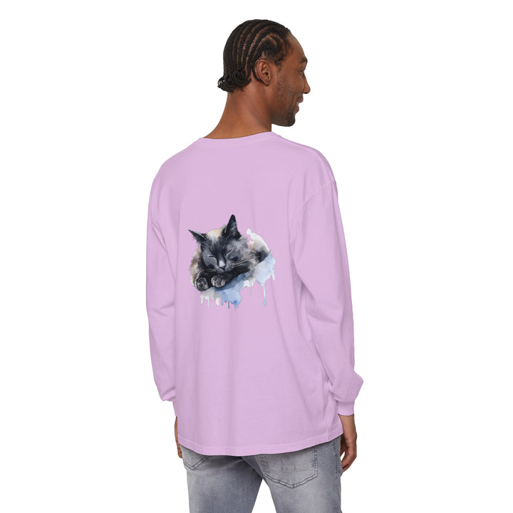 A watercolor illustration of a sleeping cat on a t-shirt