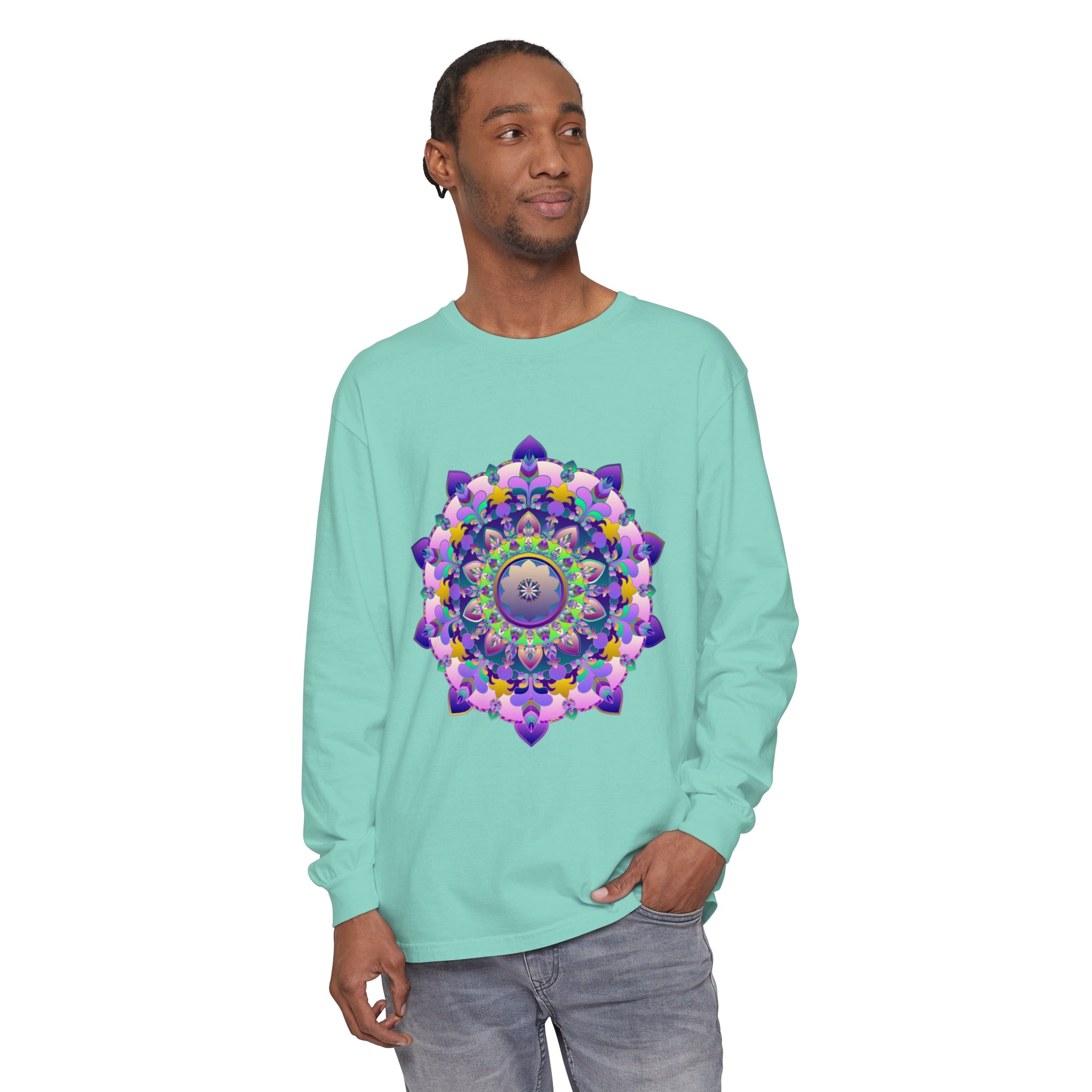 Colorful and intricate mandala design on a unisex long sleeve t-shirt