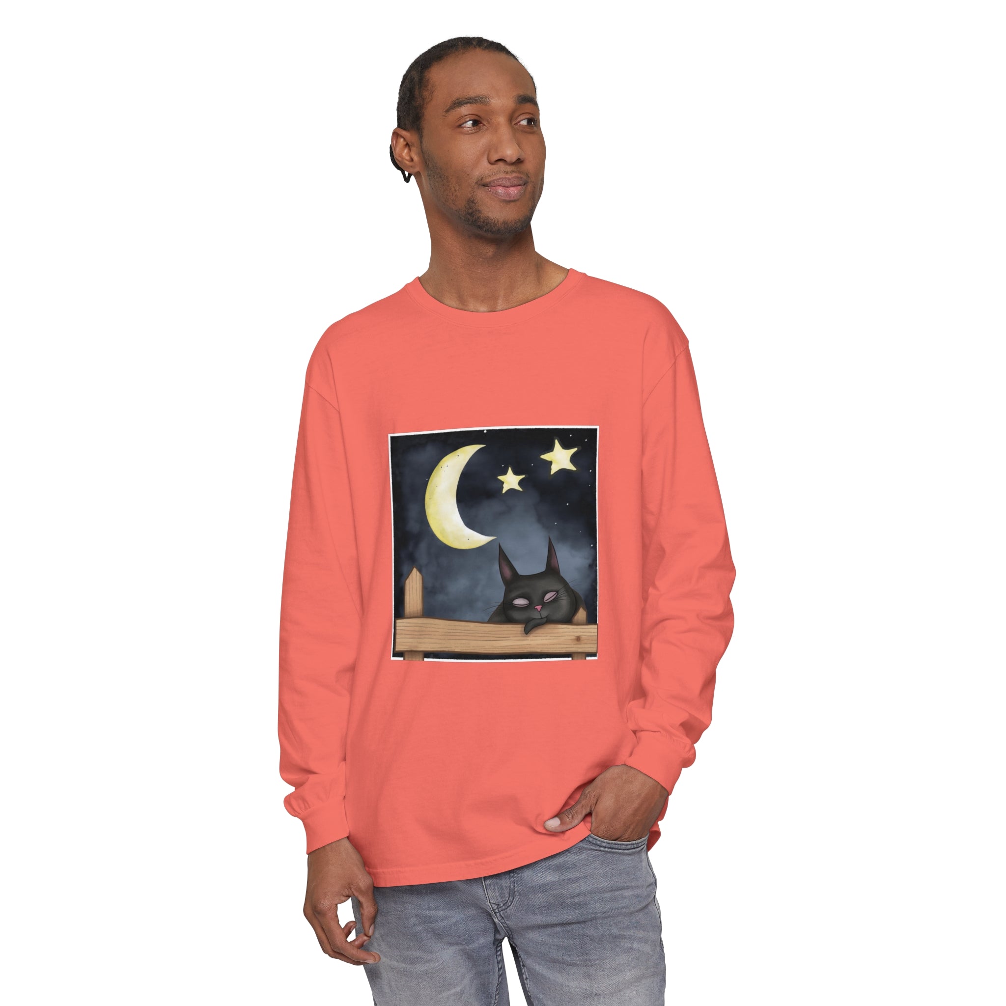 Comfortable black t-shirt featuring a sleepy cat gazing at the starry night sky design