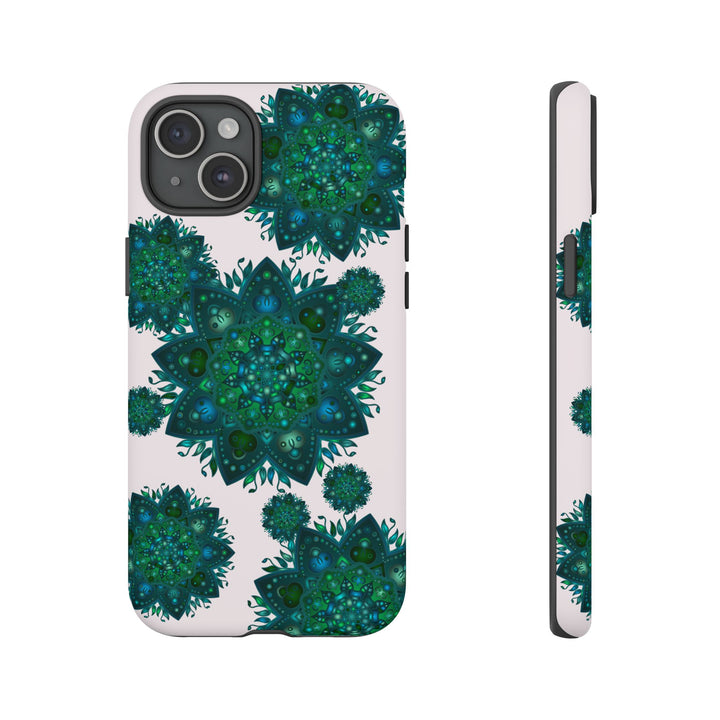 Beautiful light pink and green mandala phone case with a peaceful design