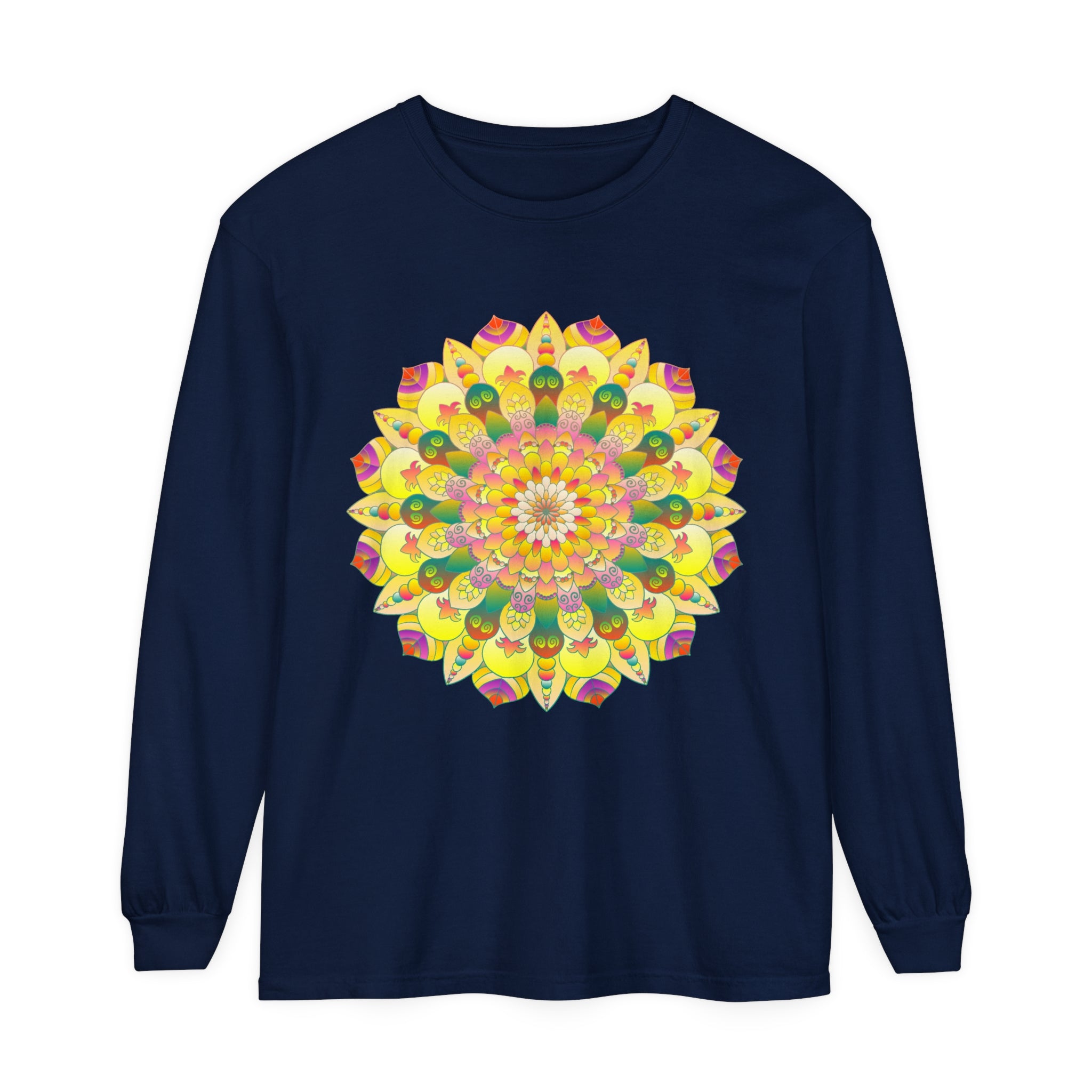 Colorful and intricate mandala design featured on unisex long sleeve t-shirt