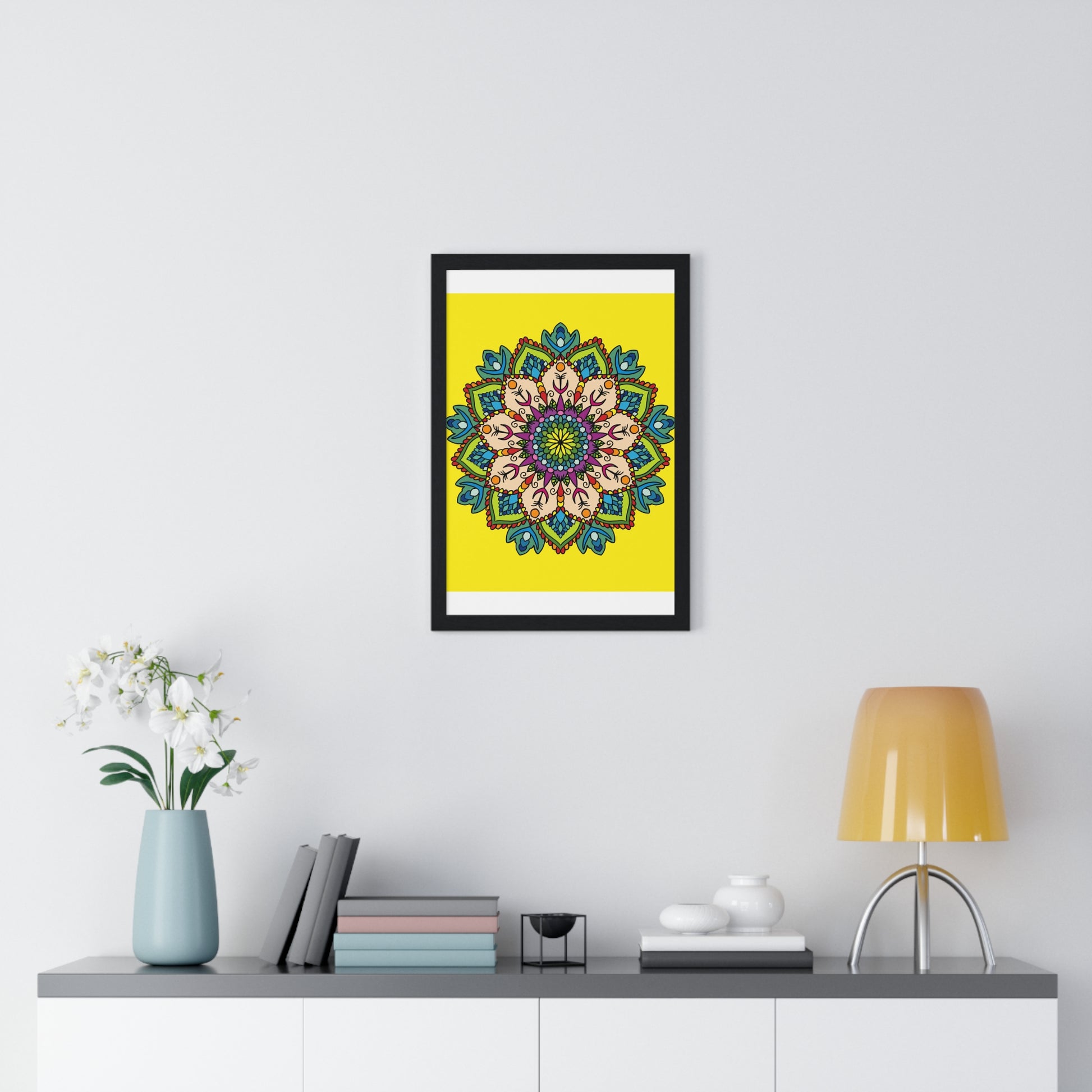 Beautiful vertical framed poster depicting a hand-drawn yellow mandala for mindfulness and yoga