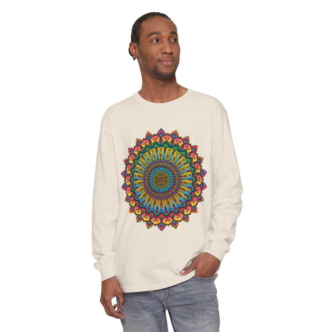 A detailed intricate mandala design featured on a unisex long sleeve t-shirt