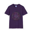 Vibrant purple mandala art unisex softstyle t-shirt with intricate hand-drawn design