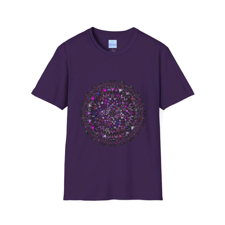 Vibrant purple mandala art unisex softstyle t-shirt with intricate hand-drawn design