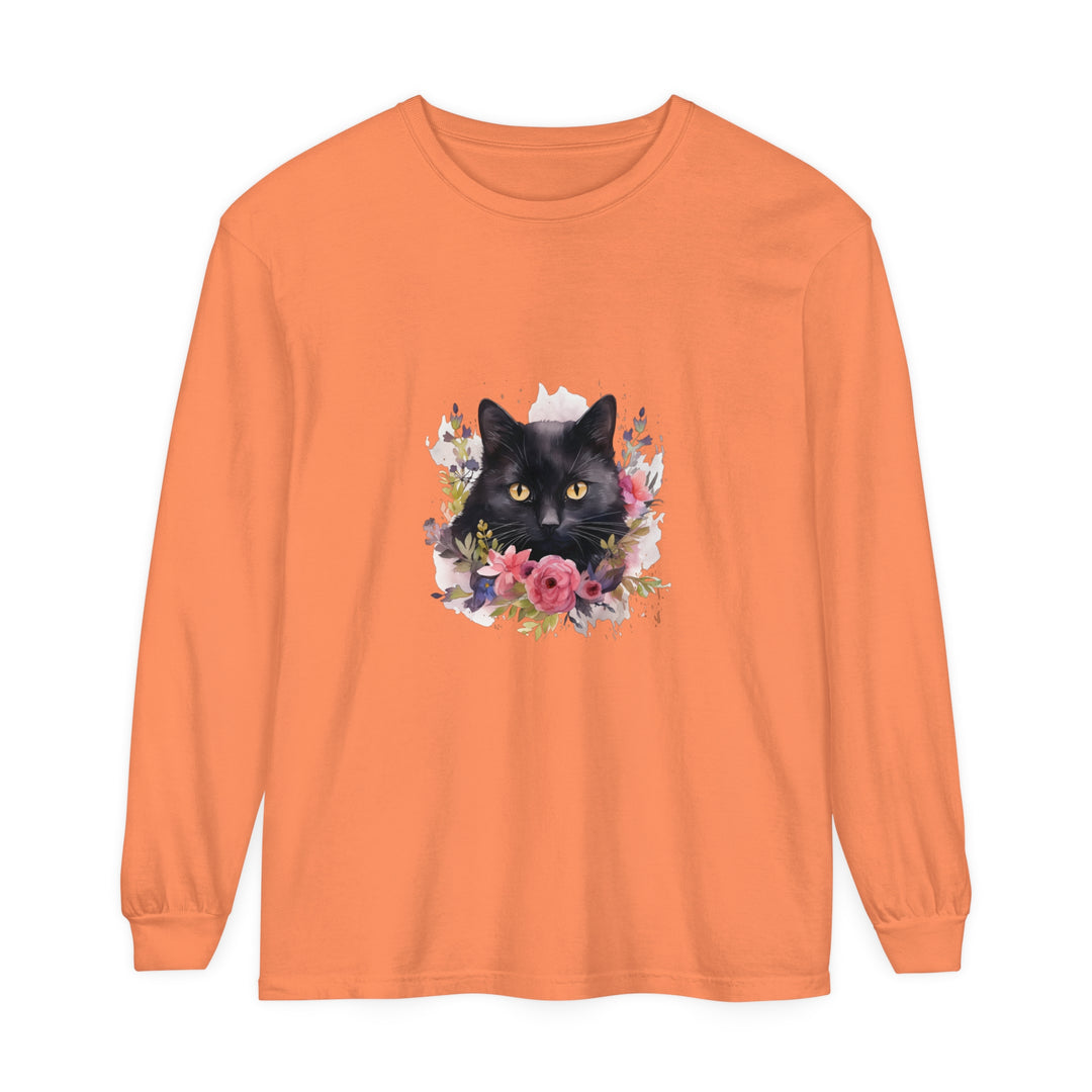 Black Cat Floral Watercolor Long Sleeve T-Shirt featuring a beautiful watercolor design of a black cat surrounded by colorful flowers on a comfortable long sleeve shirt