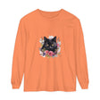 Black Cat Floral Watercolor Long Sleeve T-Shirt featuring a beautiful watercolor design of a black cat surrounded by colorful flowers on a comfortable long sleeve shirt