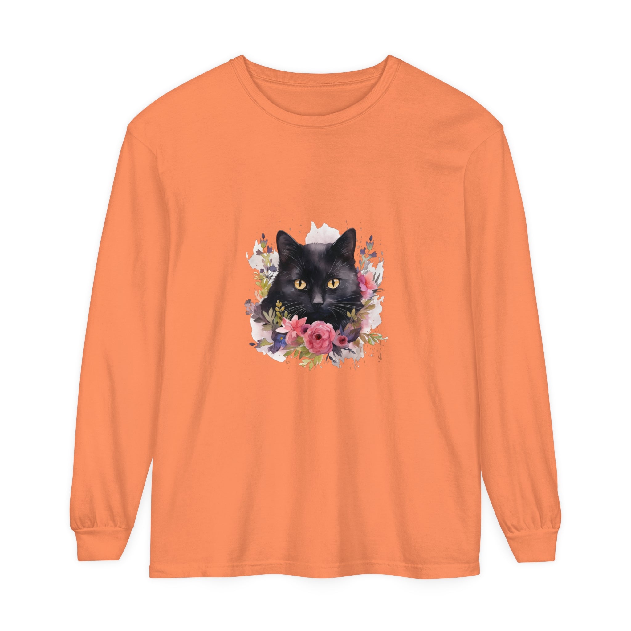 Black Cat Floral Watercolor Long Sleeve T-Shirt featuring a beautiful watercolor design of a black cat surrounded by colorful flowers on a comfortable long sleeve shirt