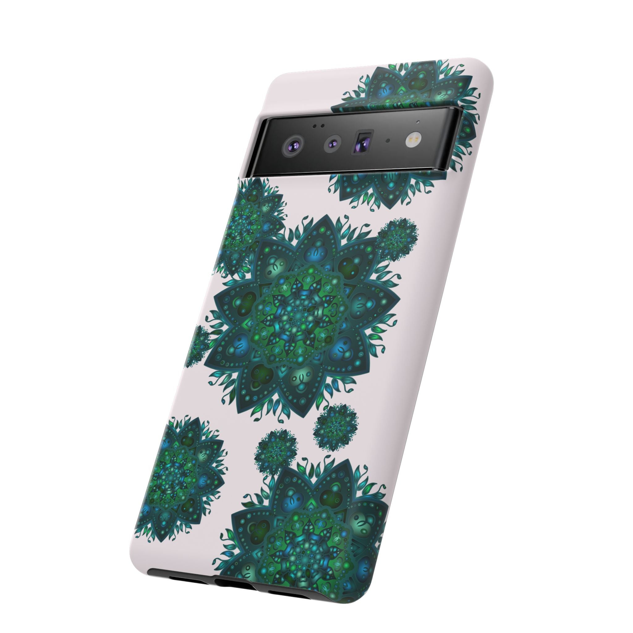 A beautiful light pink and green mandala phone case with a peaceful and intricate design