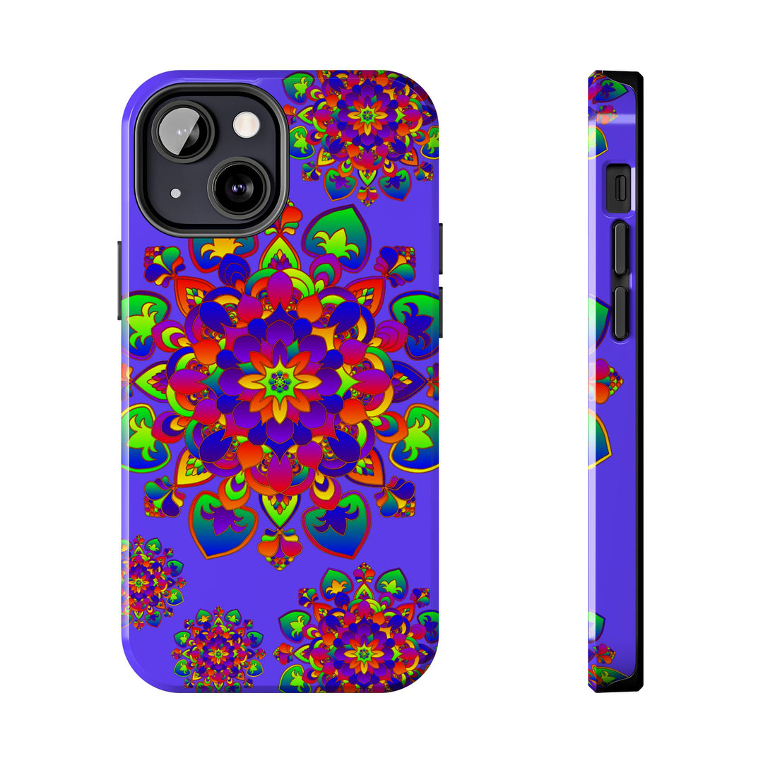 Phone case featuring a vibrant hand-drawn mandala rainbow design for stylish protection