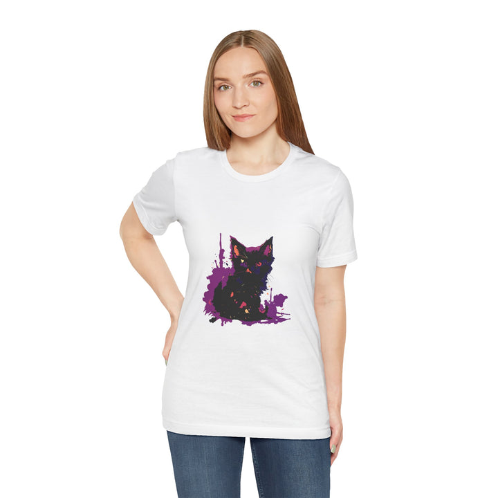 Schwarzes Katzenrätsel – Lila Farbspritzer-T-Shirt