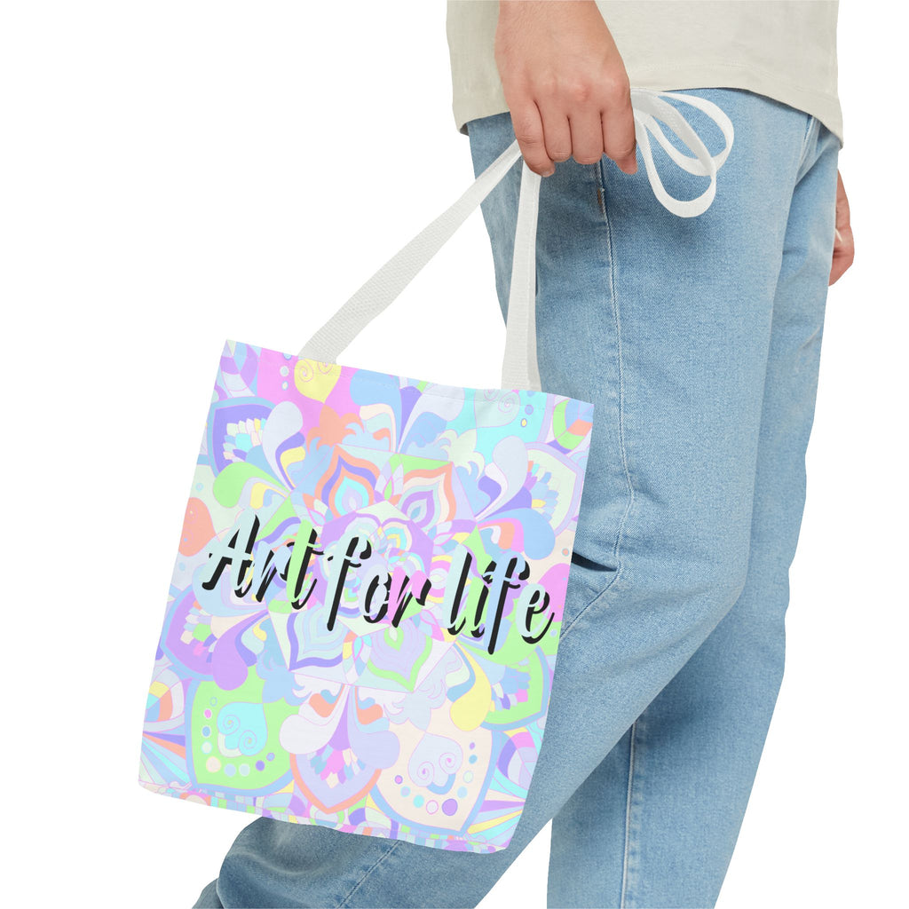 Colorful Mandala Tote Bag featuring 'Art for Life' quote, perfect for carrying essentials with style and artistic flair