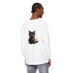 Black Kitten Watercolor Splash T-Shirt - a comfortable cotton tee with a cute kitten design surrounded by vibrant watercolor splashes