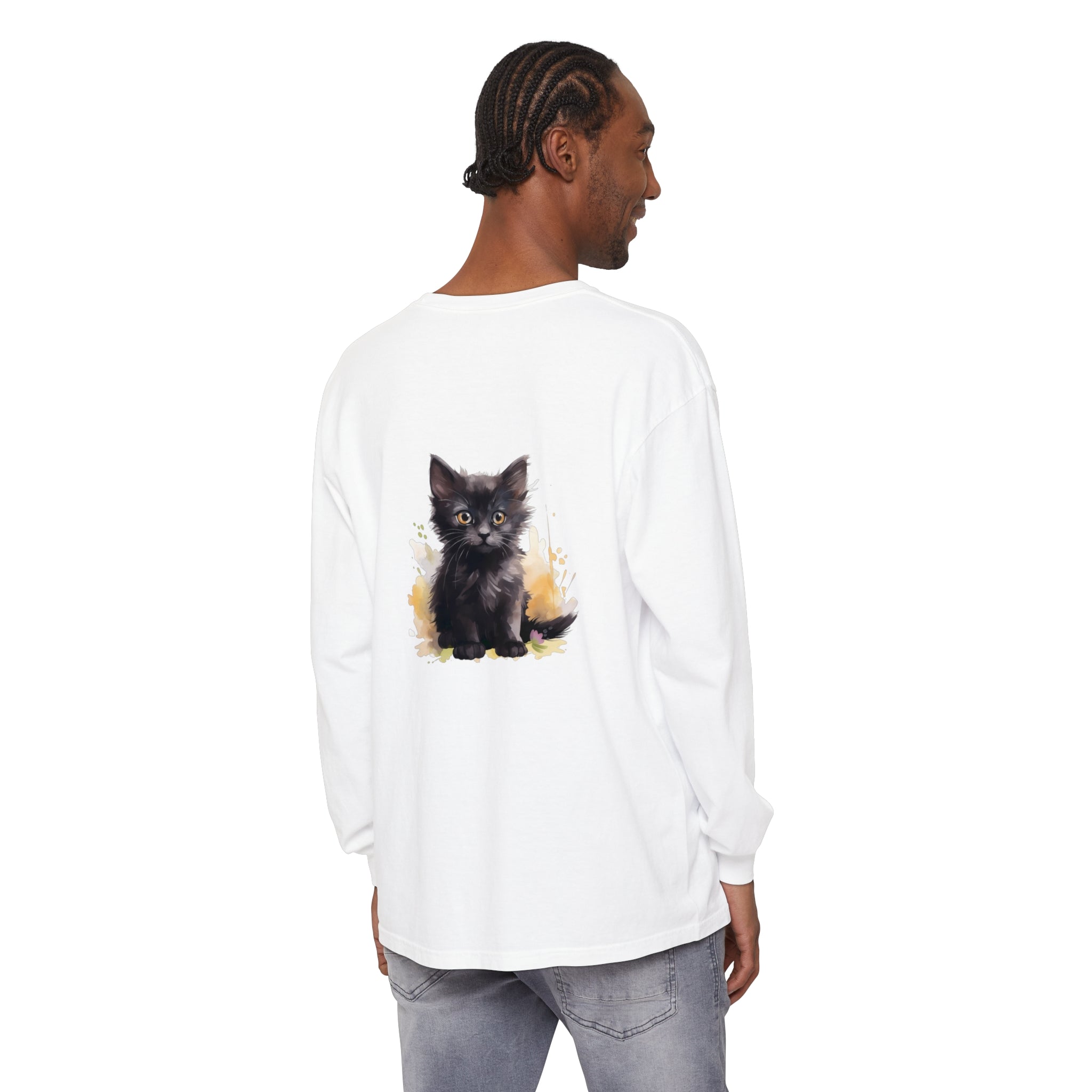 Black Kitten Watercolor Splash T-Shirt - a comfortable cotton tee with a cute kitten design surrounded by vibrant watercolor splashes