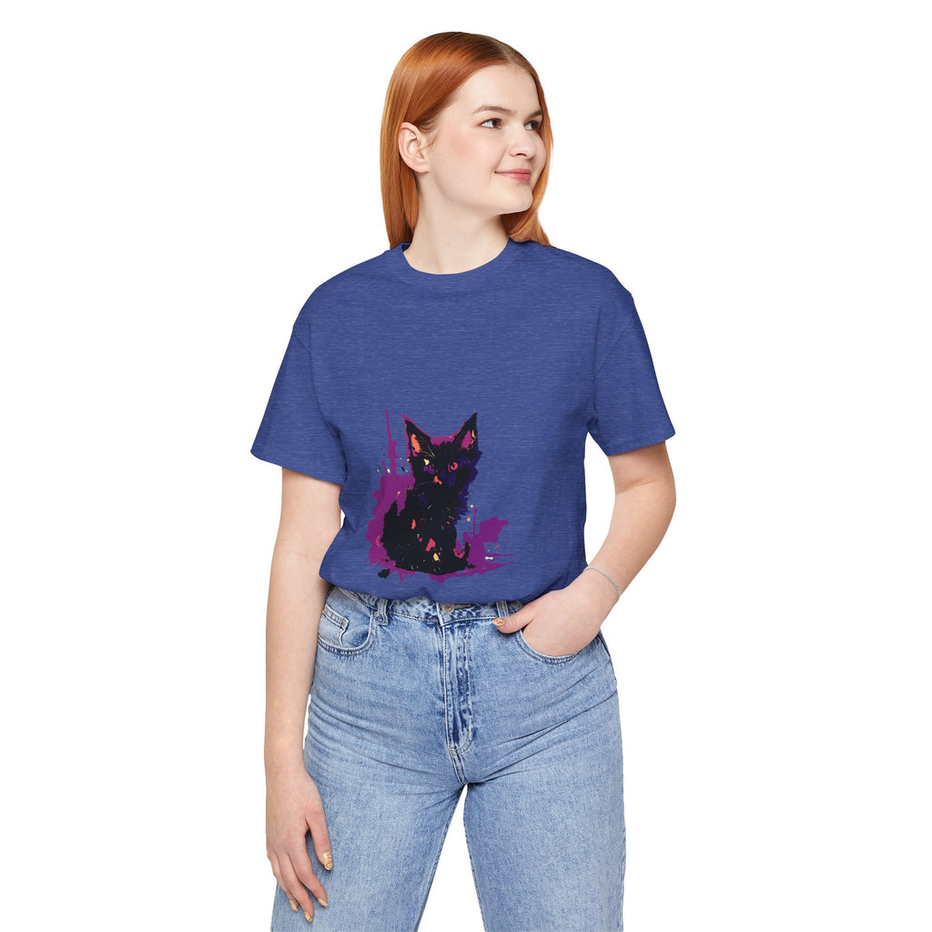 Schwarzes Katzenrätsel – Lila Farbspritzer-T-Shirt