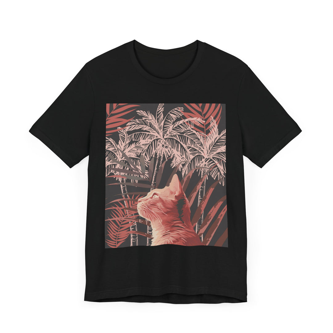 A cute ginger cat sitting under a palm tree on a t-shirt