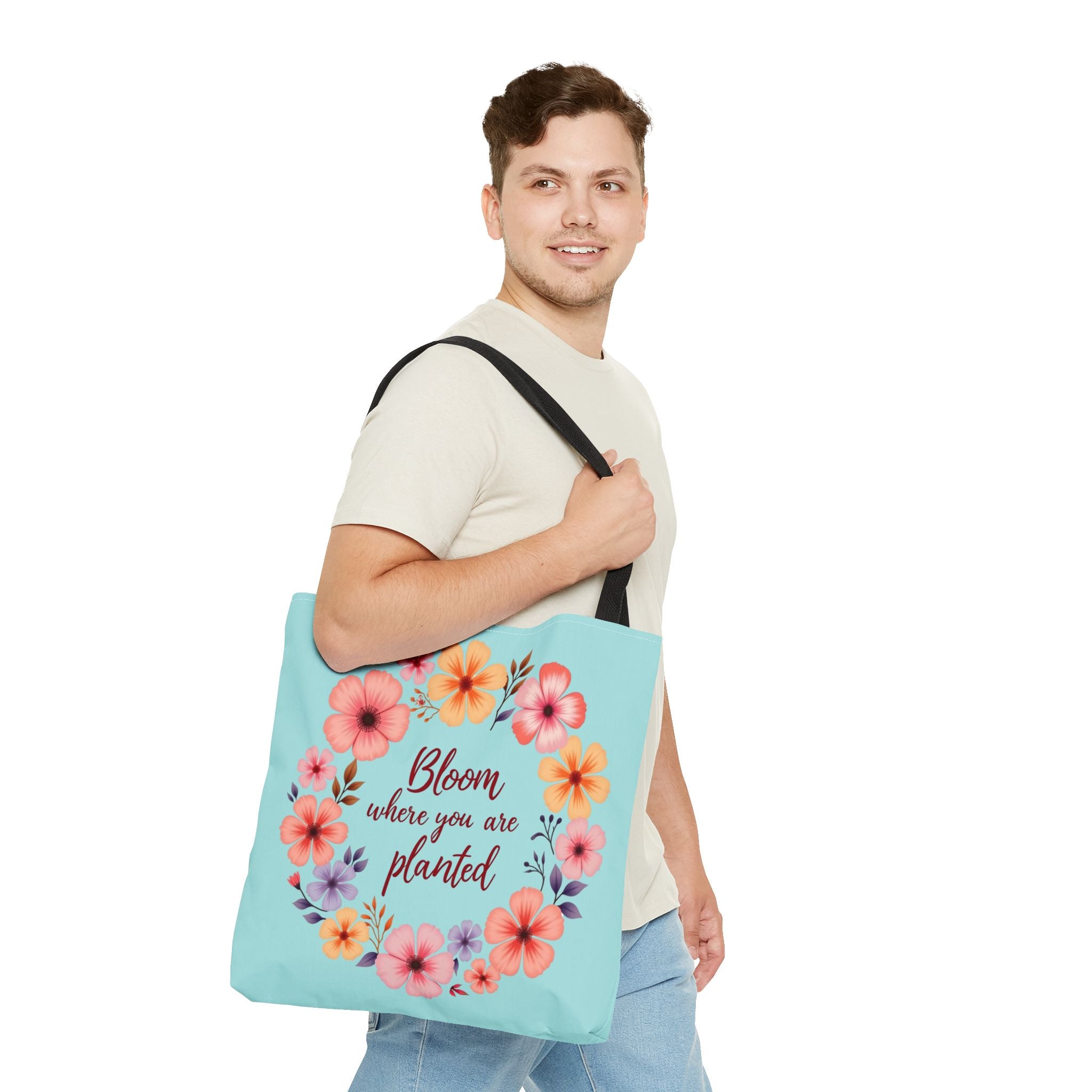 Beautiful floral tote bag with the quote 'Bloom Where You Are Planted' available in 3 different sizes