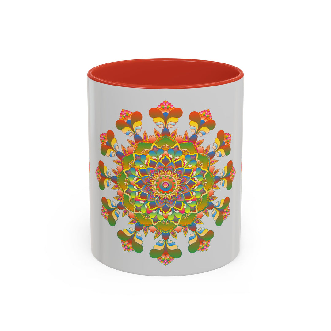 A close-up image of a colorful and intricate mandala art mug with a unique and vibrant design, perfect for enjoying your favorite hot beverage