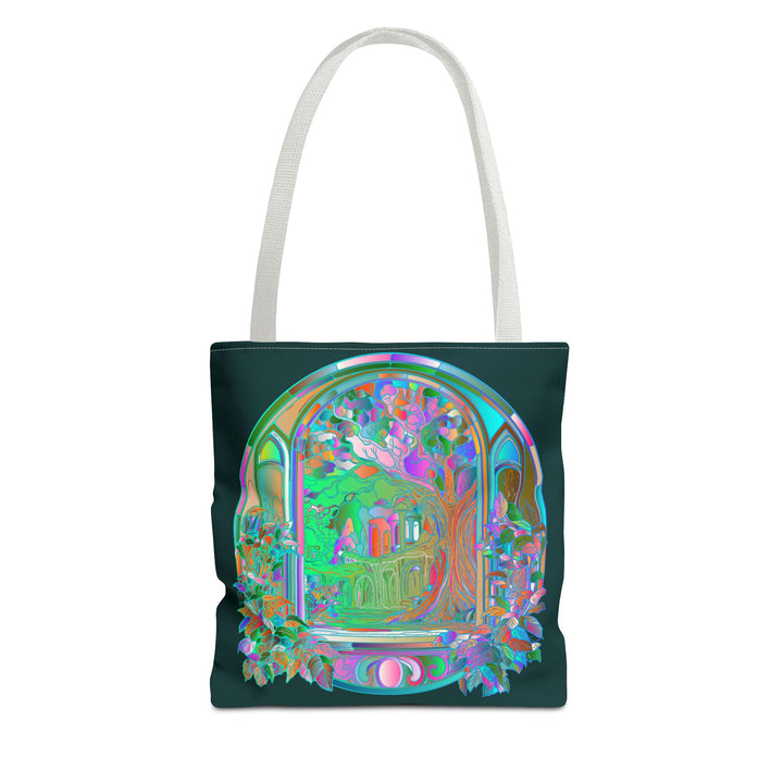 Colorful and intricate Mystical Nature Mandala Tote Bag featuring intricate nature-inspired design