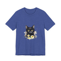 A close-up image of a black cat with piercing yellow eyes printed on a stylish t-shirt