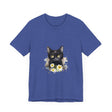 A close-up image of a black cat with piercing yellow eyes printed on a stylish t-shirt