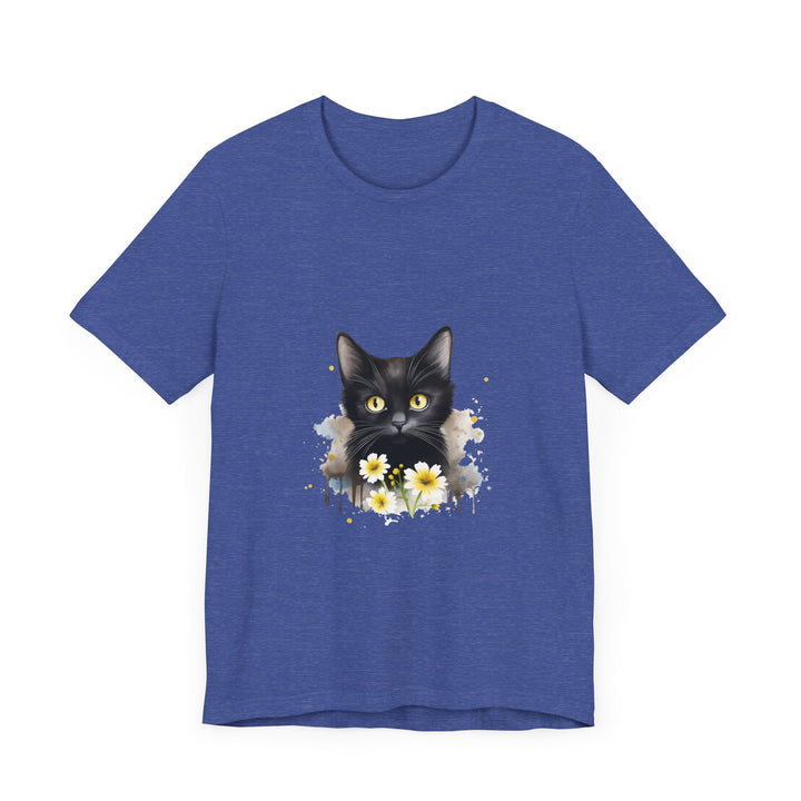 A close-up image of a black cat with piercing yellow eyes printed on a stylish t-shirt