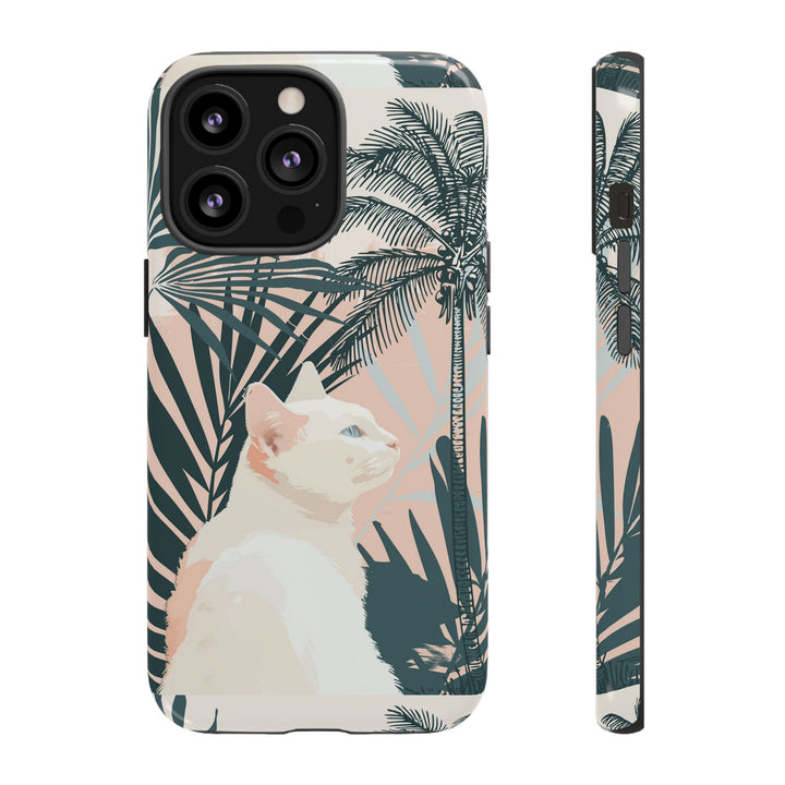 Tropische Katzen-Telefonhülle mit üppigen Palmenmotiven und sanften Pastelltönen