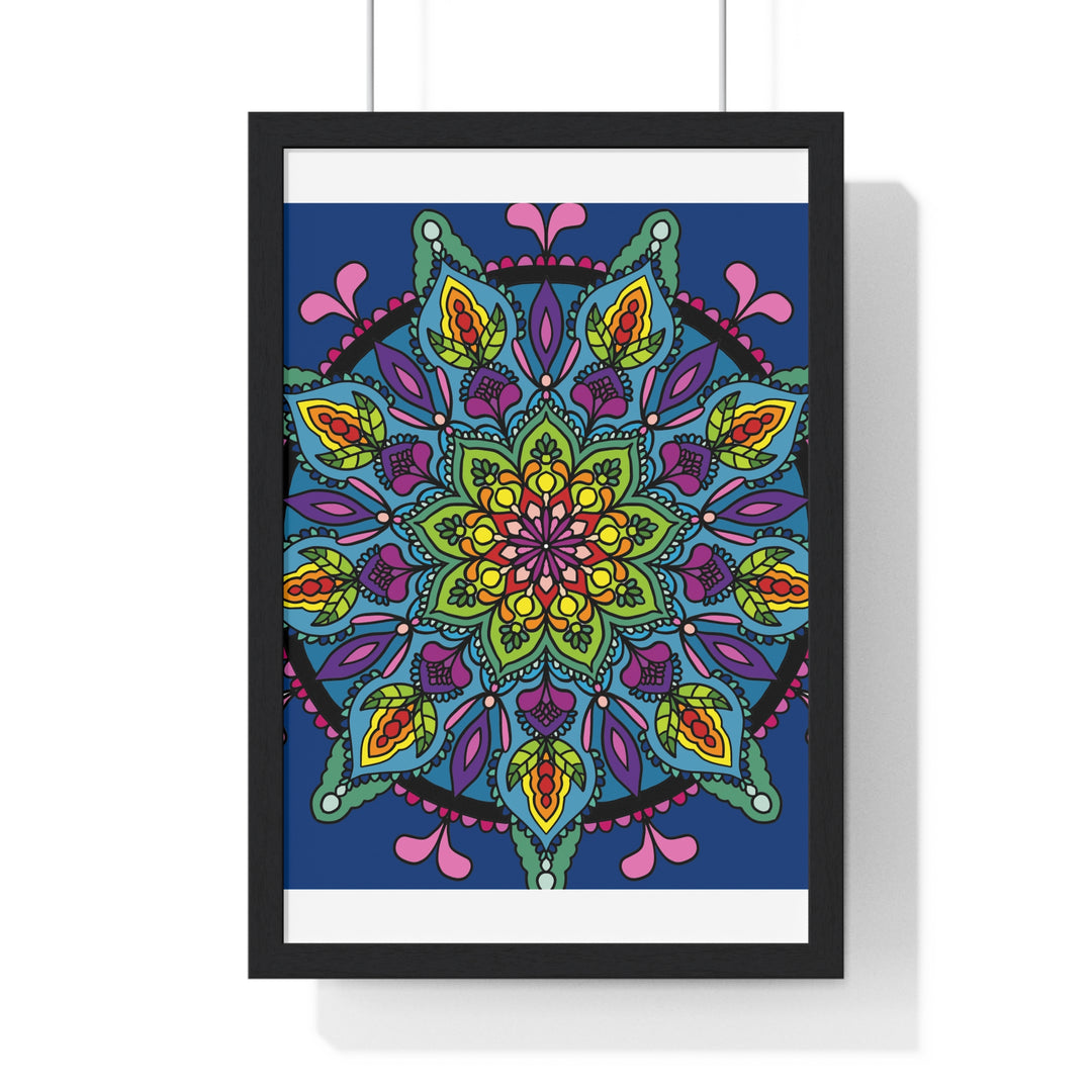 Beautiful vertical framed poster featuring a hand-drawn blue mandala, perfect for mindfulness and yoga practices