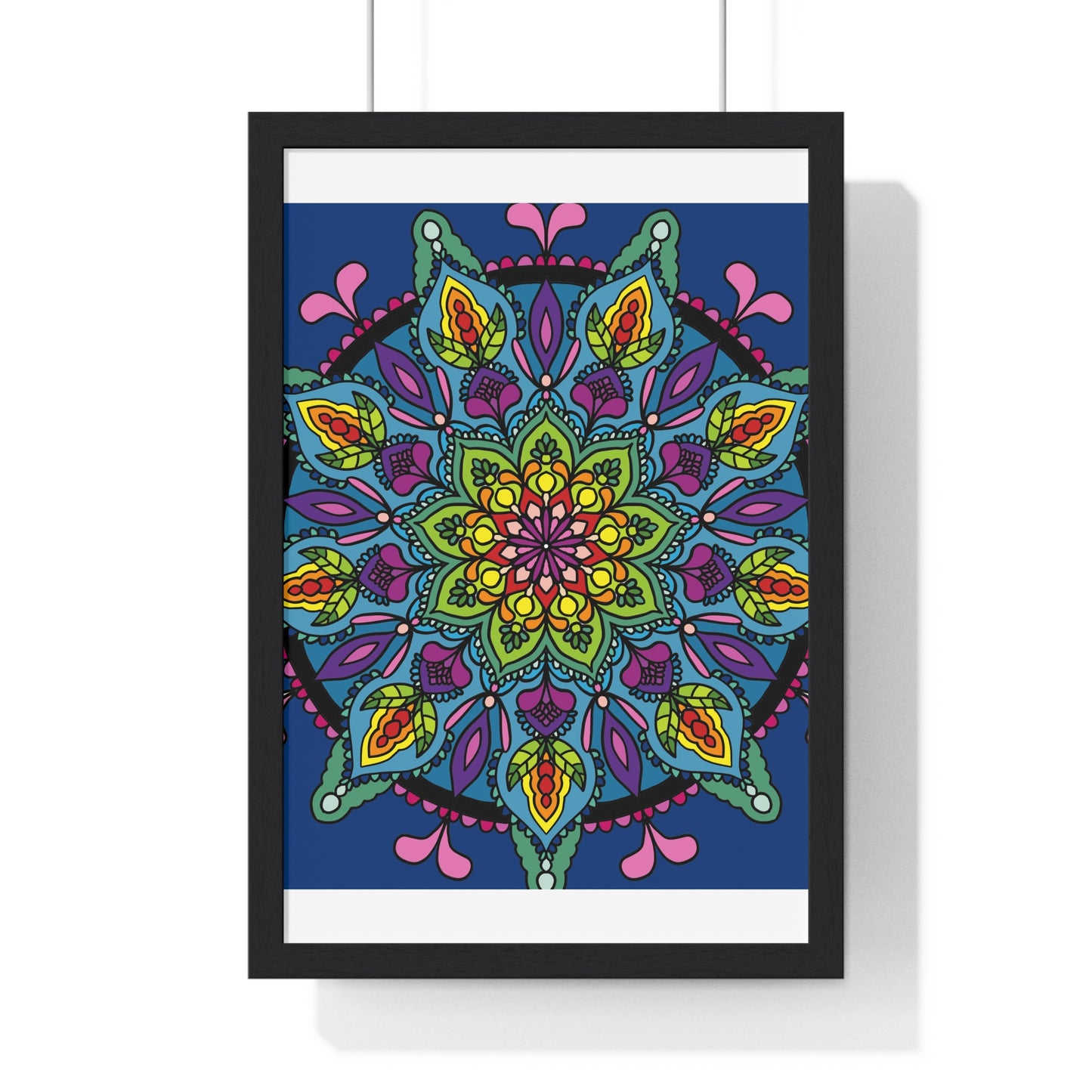 Beautiful vertical framed poster featuring a hand-drawn blue mandala, perfect for mindfulness and yoga practices