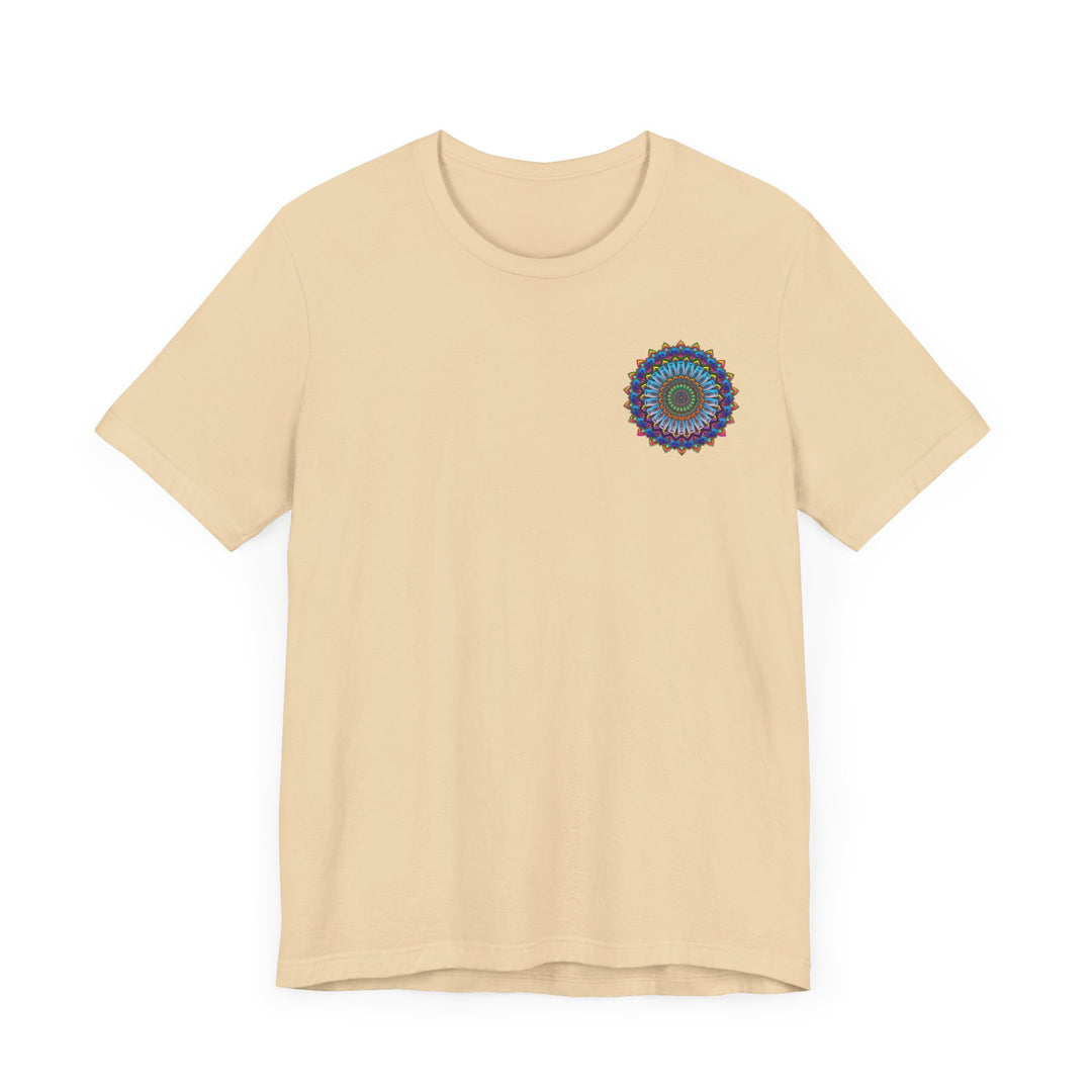 A colorful and intricate mandala design on a t-shirt, representing spiritual peace and harmony for a vibrant and uplifting look