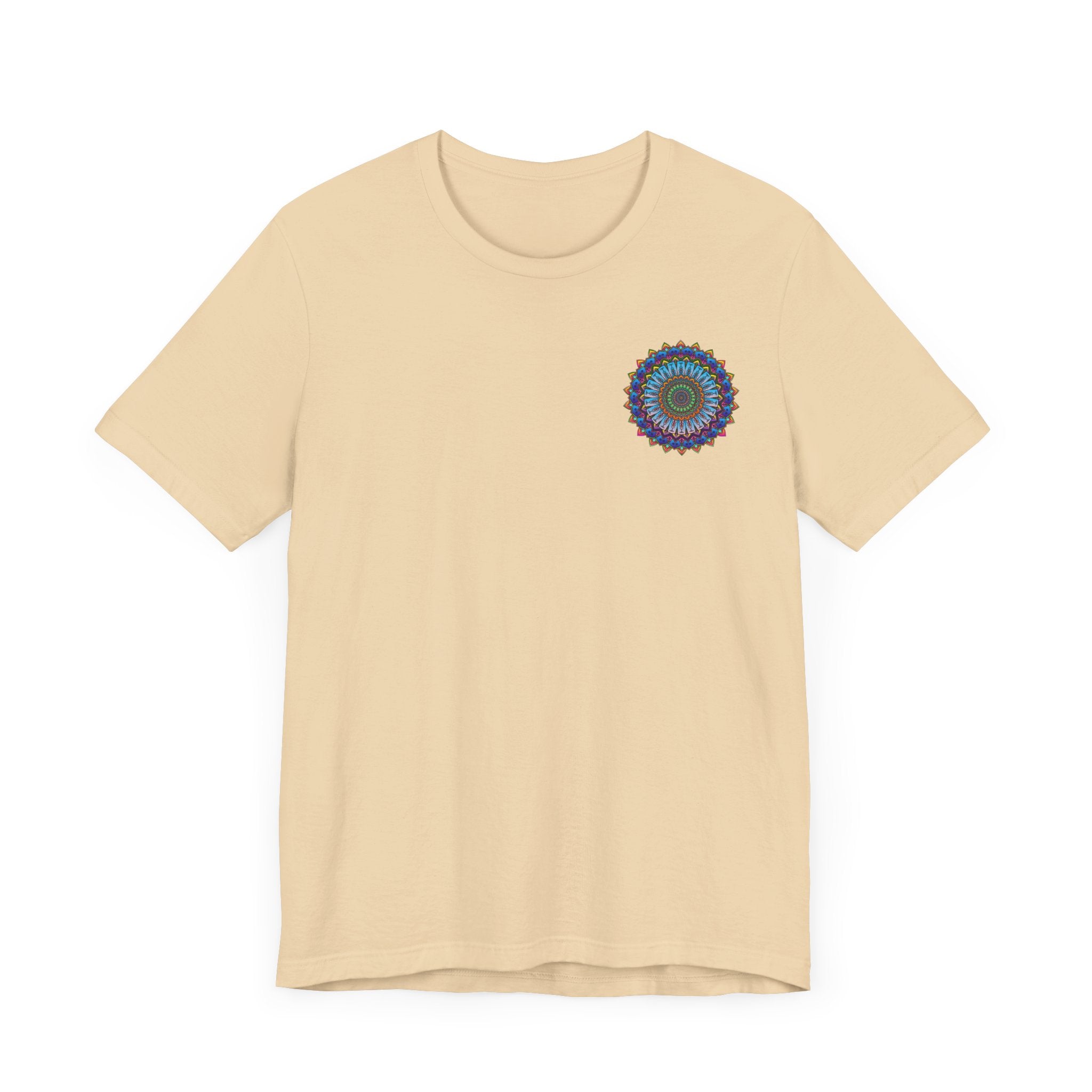 A colorful and intricate mandala design on a t-shirt, representing spiritual peace and harmony for a vibrant and uplifting look