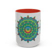Beautiful, hand-painted mandala art mug with vibrant, colorful floral design