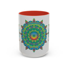 Beautiful, hand-painted mandala art mug with vibrant, colorful floral design